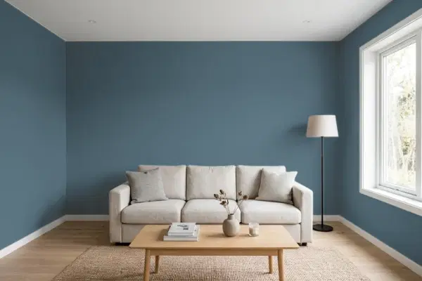 Living room with walls painted Benjamin Moore Spellbound 1659 (simulated)