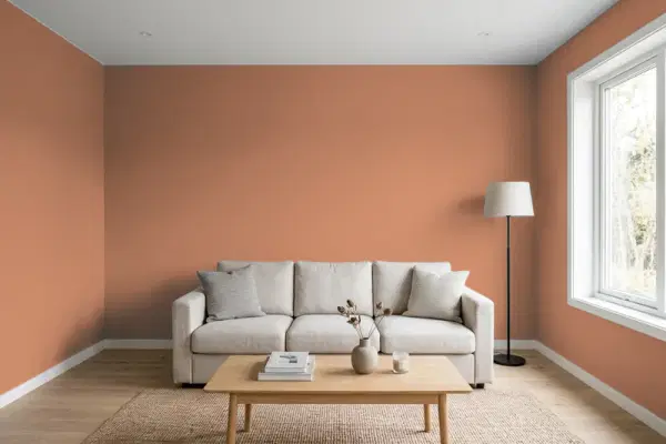 Living room with walls painted Sherwin-Williams Spiced Cider SW 7702 (simulated)