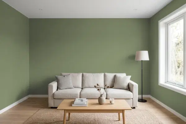 Living room with walls painted Behr Spicy Olive PPH-61 (simulated)