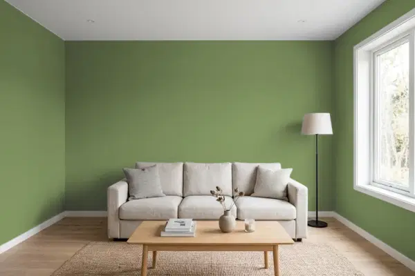 Living room with walls painted PPG Paints Spinach Salad 11-16 (simulated)