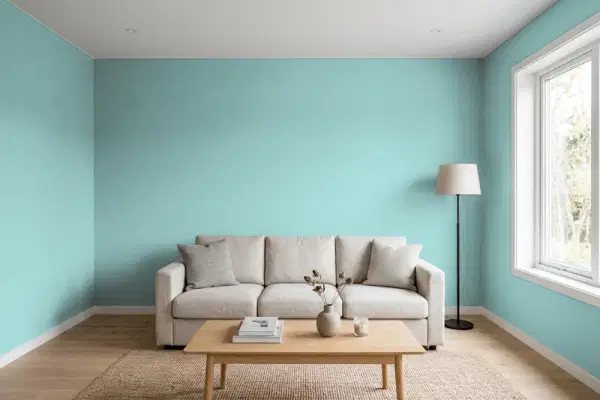 Living room with walls painted Benjamin Moore Spirit in the Sky 676 (simulated)