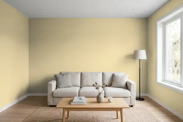 Living room with walls painted Benjamin Moore Splendor AF-385 (simulated)