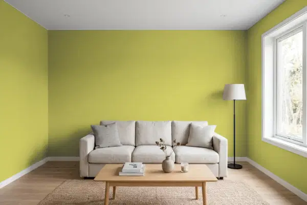 Living room with walls painted Benjamin Moore Split Pea 2146-30 (simulated)