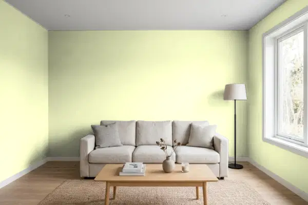 Living room with walls painted PPG Paints Spring Blossom 1216-3 (simulated)