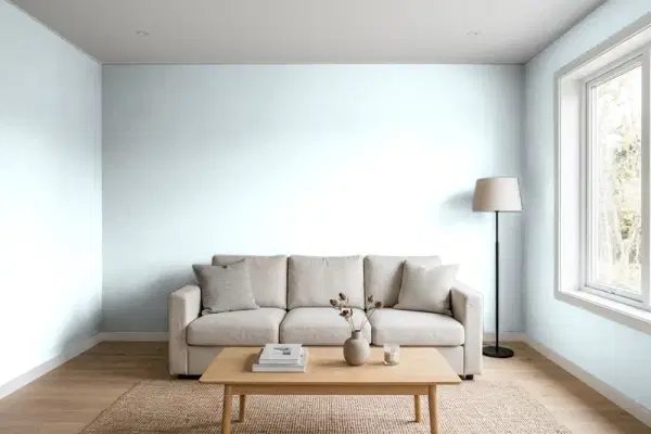 Living room with walls painted Behr Spring Blue PPH-39 (simulated)