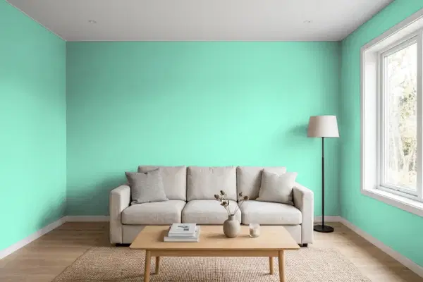 Living room with walls painted Benjamin Moore Spring Fresh 591 (simulated)
