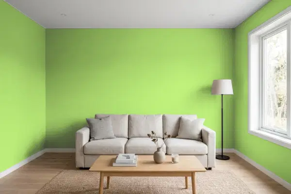 Living room with walls painted Valspar Spring Lime 6006-10B (simulated)