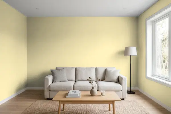Living room with walls painted Benjamin Moore Spring Morning 263 (simulated)