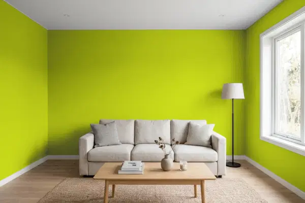 Living room with walls painted Benjamin Moore Spring Moss 2027-20 (simulated)