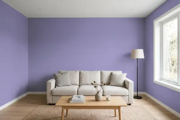 Living room with walls painted Benjamin Moore Spring Purple 2070-40 (simulated)