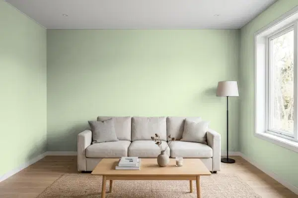 Living room with walls painted Benjamin Moore Spring Valley 438 (simulated)