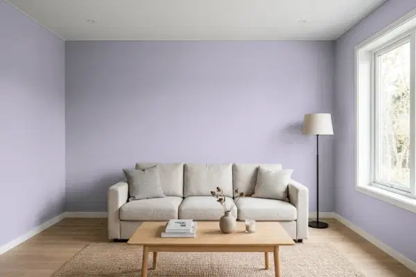 Living room with walls painted Benjamin Moore Spring Violet 2117-50 (simulated)