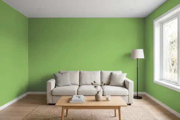 Living room with walls painted Behr Springview Green P380-6 (simulated)