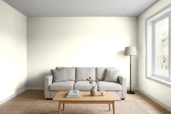 Living room with walls painted Behr Spun Cotton YL-W09 (simulated)