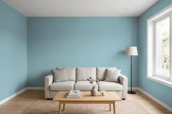 Living room with walls painted Benjamin Moore St. John Blue CSP-675 (simulated)