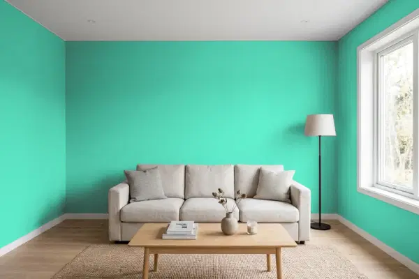 Living room with walls painted Benjamin Moore St. Patty's Day 614 (simulated)
