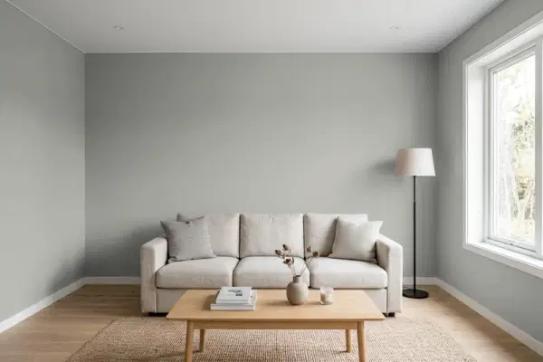 Living room with walls painted Sherwin-Williams Stamped Concrete SW 7655 (simulated)