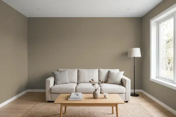 Living room with walls painted Benjamin Moore Stampede 979 (simulated)