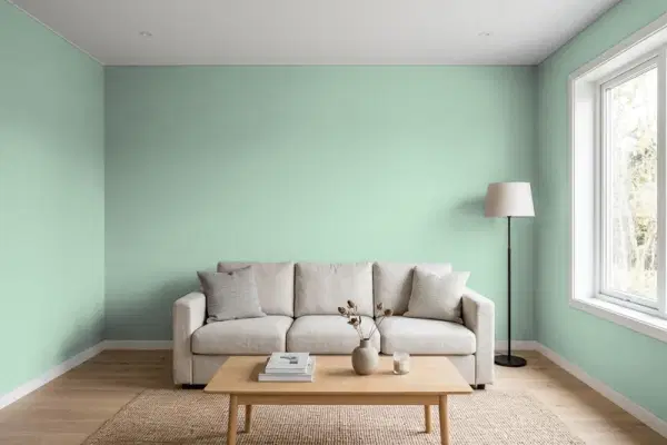 Living room with walls painted Valspar Starry Woods 5005-5C (simulated)