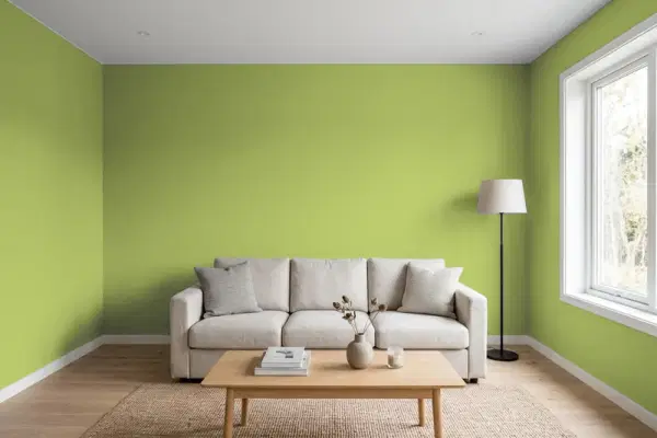 Living room with walls painted Sherwin-Williams Stay in Lime SW 9032 (simulated)