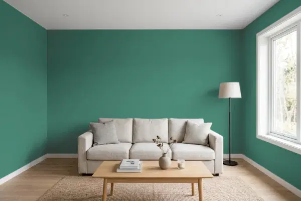 Living room with walls painted Benjamin Moore Steamed Spinach 643 (simulated)