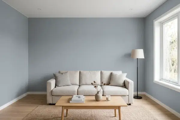 Living room with walls painted Sherwin-Williams Steely Gray SW 7664 (simulated)