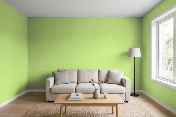 Living room with walls painted Benjamin Moore Stem Green 2029-40 (simulated)