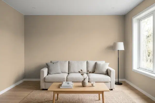 Living room with walls painted Behr Stepping Stones PWL-85 (simulated)