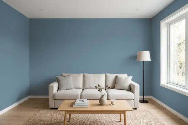 Living room with walls painted Benjamin Moore Stillwater 1650 (simulated)