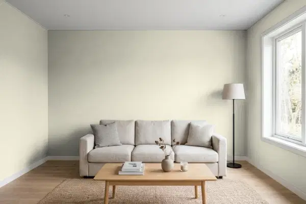 Living room with walls painted Benjamin Moore Stingray 1529 (simulated)