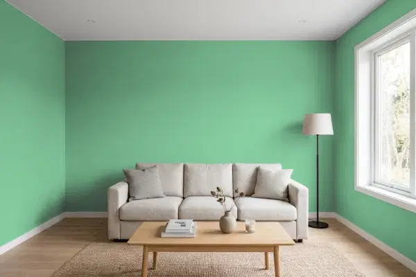 Living room with walls painted Benjamin Moore Stokes Forest Green 2035-40 (simulated)