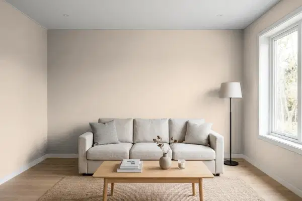 Living room with walls painted Benjamin Moore Stone Castle CC-396 (simulated)