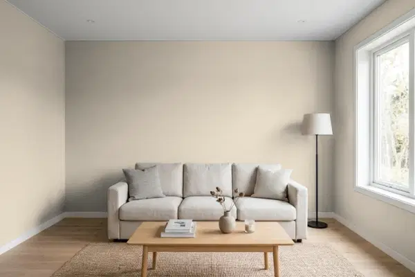 Living room with walls painted Benjamin Moore Stone Hearth CC-490 (simulated)