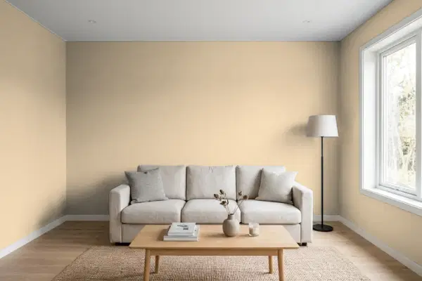 Living room with walls painted Benjamin Moore Stone House 1039 (simulated)