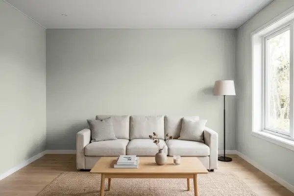 Living room with walls painted Behr Stone Mill ECC-27-2 (simulated)