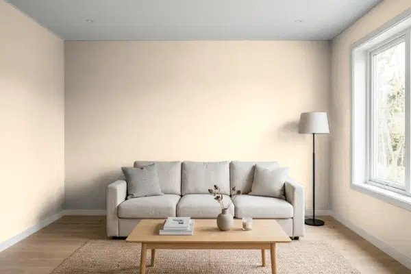Living room with walls painted Behr Stone Wash QE-10 (simulated)