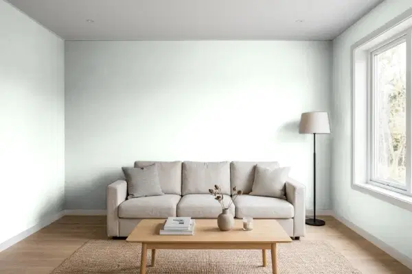 Living room with walls painted Benjamin Moore Stonewashed 865 (simulated)