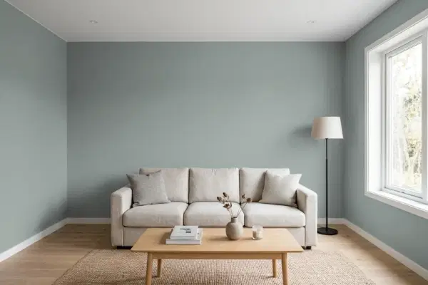 Living room with walls painted Benjamin Moore Stonybrook 1566 (simulated)