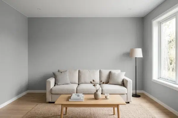 Living room with walls painted Benjamin Moore Storm AF-700 (simulated)