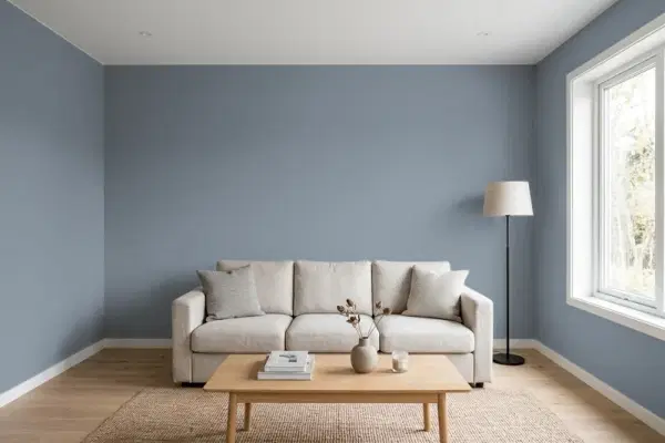 Living room with walls painted Sherwin-Williams Storm Cloud SW 6249 (simulated)