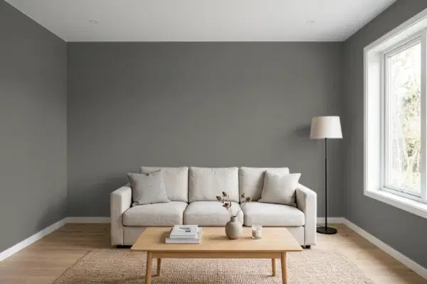 Living room with walls painted Sherwin-Williams Storm Warning SW 9555 (simulated)