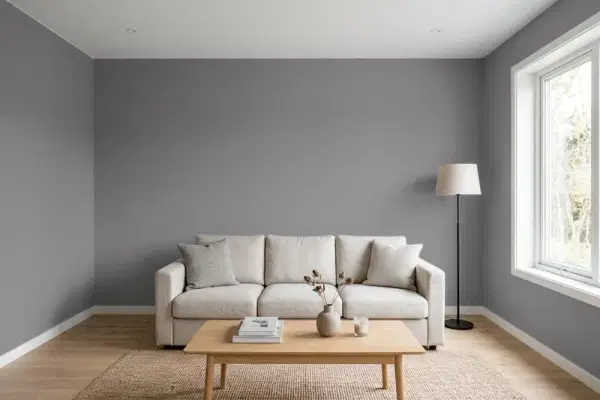 Living room with walls painted Behr Stormy Gray BXC-58 (simulated)