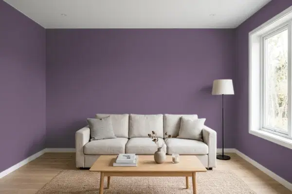 Living room with walls painted Valspar Stormy Purple 1002-5A (simulated)
