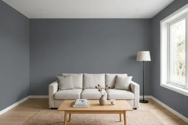 Living room with walls painted Benjamin Moore Stormy Sky 1616 (simulated)