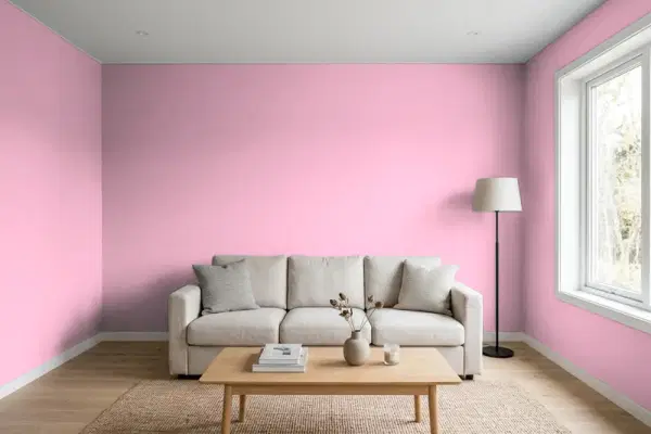 Living room with walls painted Benjamin Moore Strawberry 2085-50 (simulated)