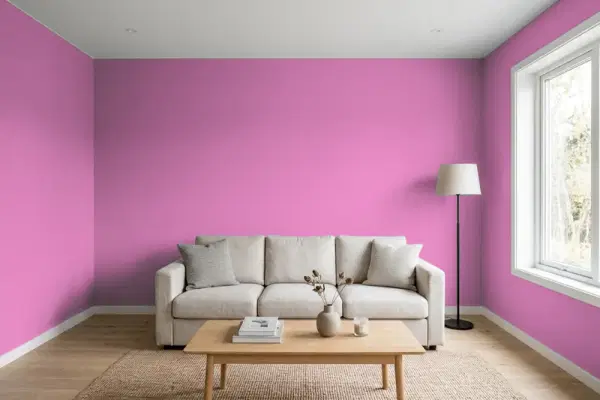 Living room with walls painted Behr Strawberry Freeze 680B-5 (simulated)