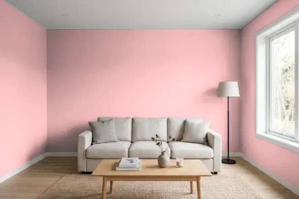 Living room with walls painted PPG Paints Strawberry Mousse 1051-3 (simulated)