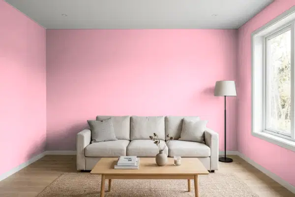 Living room with walls painted Benjamin Moore Strawberry Sorbet 2087-50 (simulated)