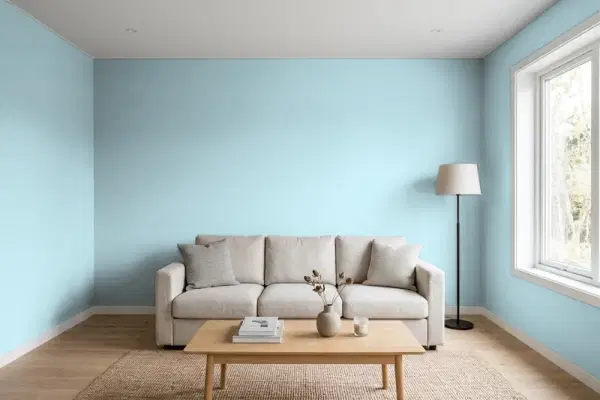 Living room with walls painted Sherwin-Williams Stream SW 6499 (simulated)