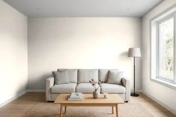 Living room with walls painted PPG Paints String Of Pearls 1079-1 (simulated)